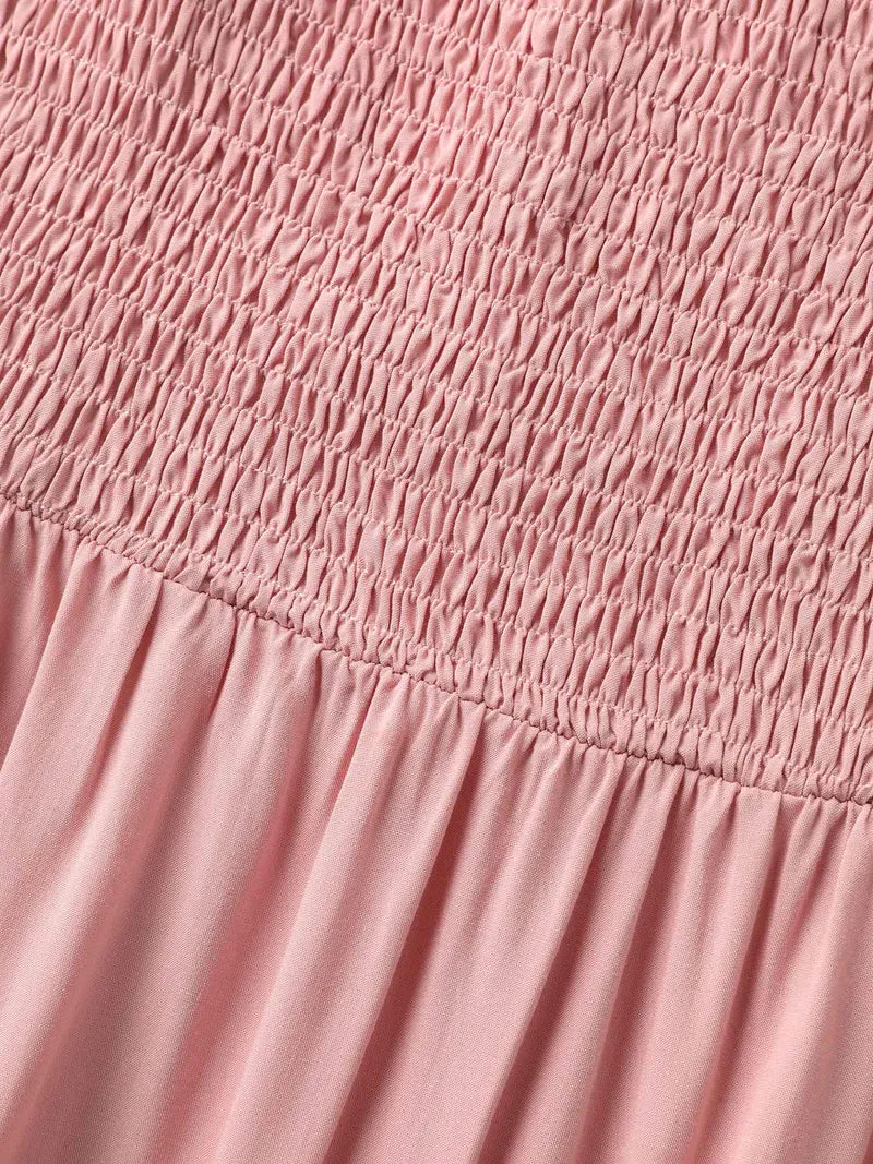 Rayon Shirred Bodice Solid Midi Dress