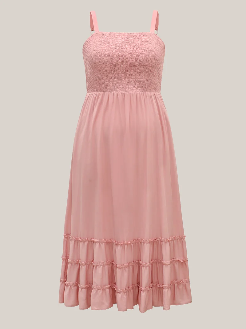 Rayon Shirred Bodice Solid Midi Dress