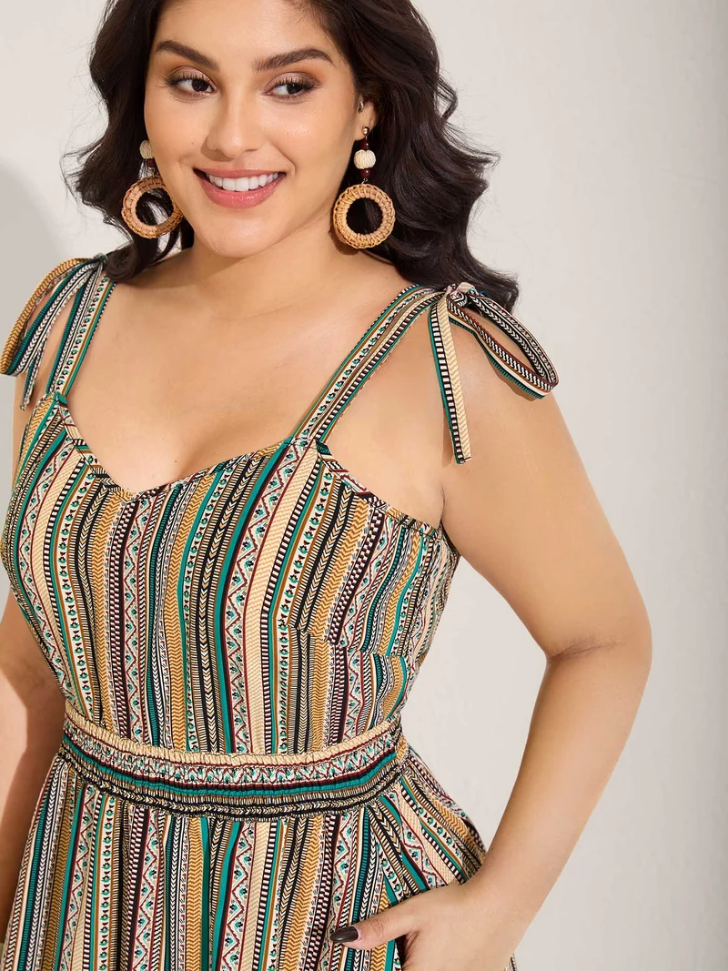 Boho Stripe Knotted Straps Midi Dress