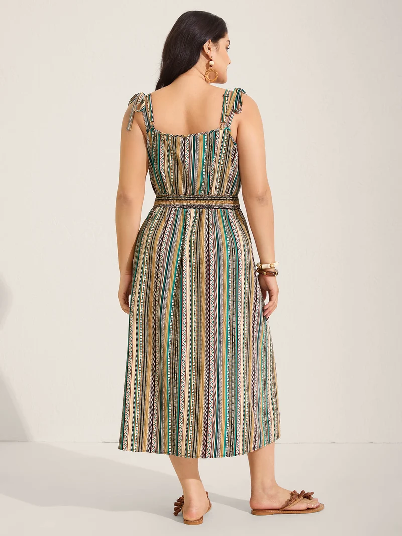 Boho Stripe Knotted Straps Midi Dress