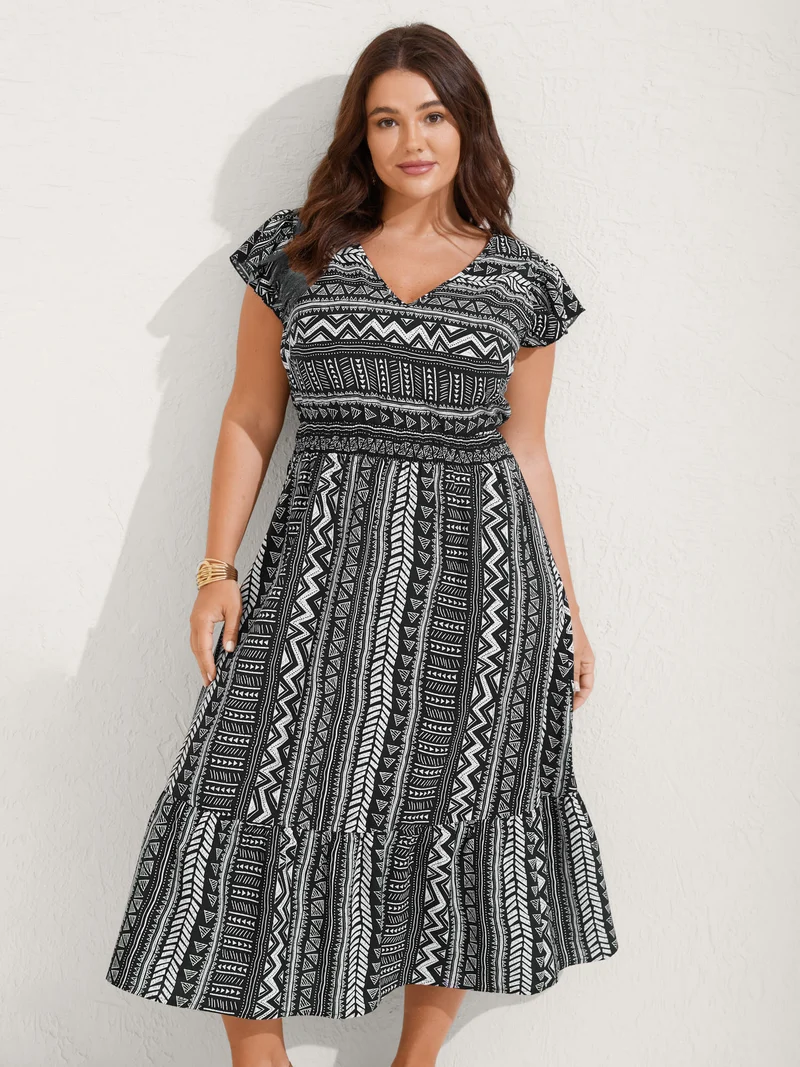 Boho Stripes Shirred Waist Midi Dress