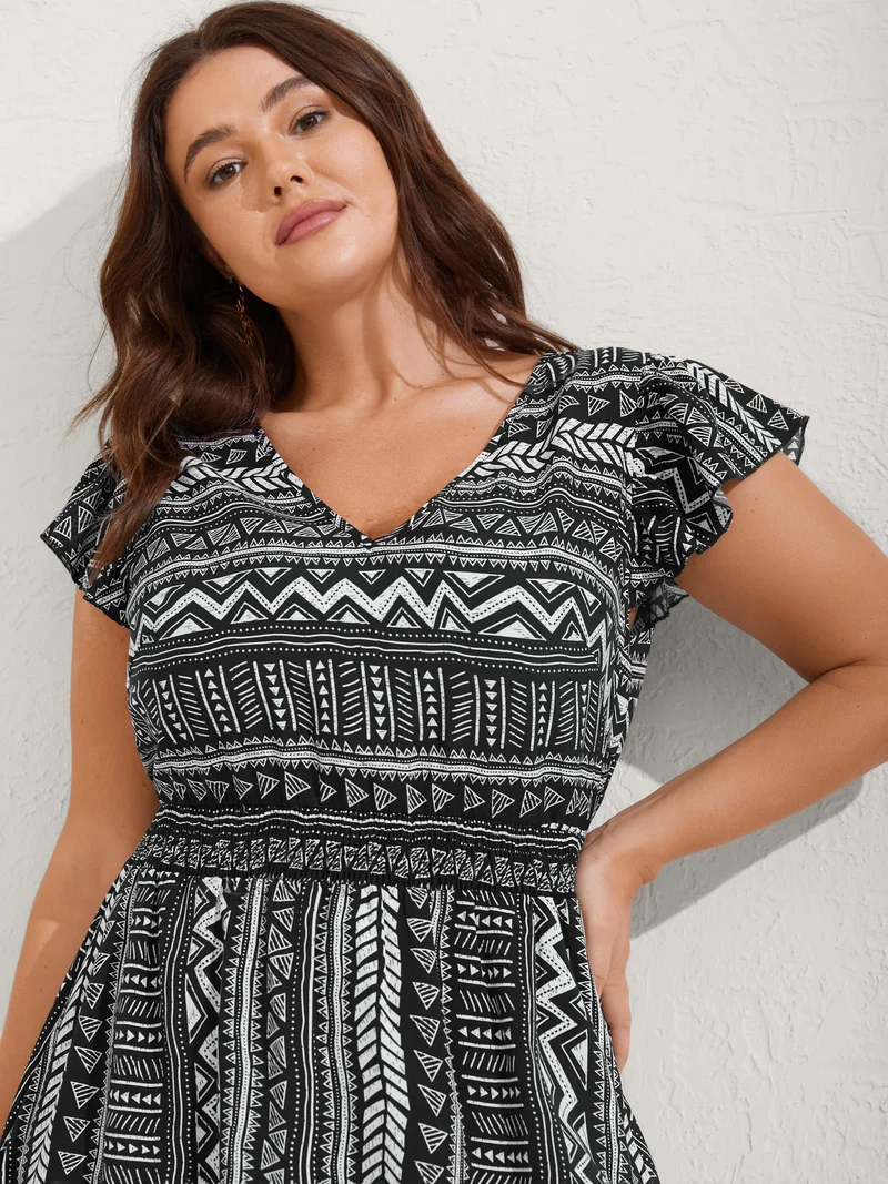 Boho Stripes Shirred Waist Midi Dress