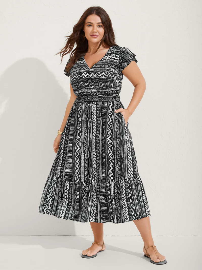 Boho Stripes Shirred Waist Midi Dress