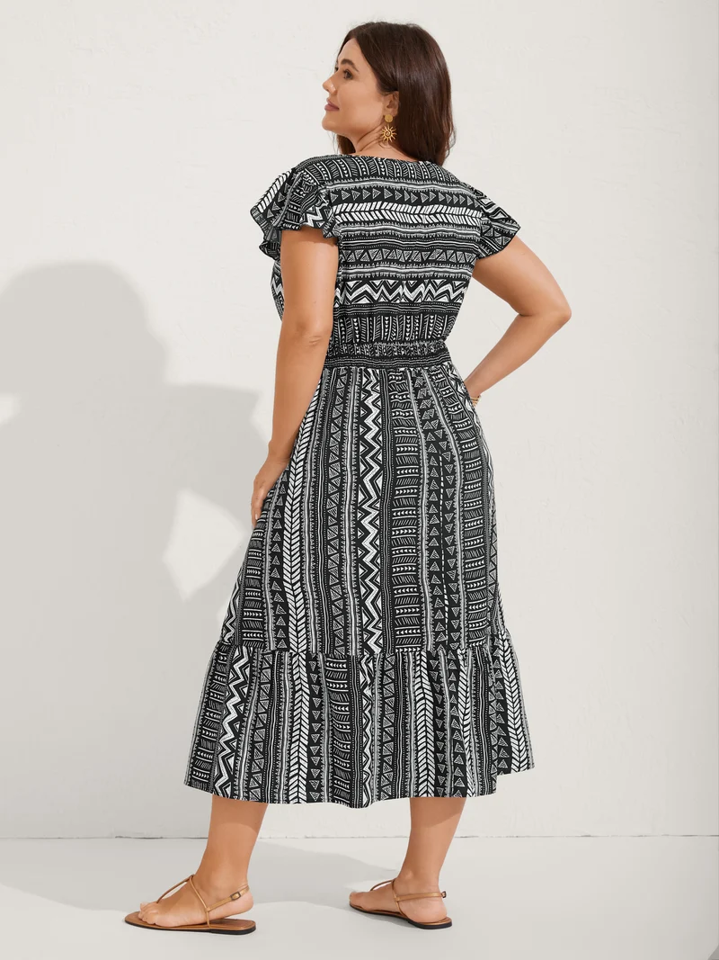 Boho Stripes Shirred Waist Midi Dress
