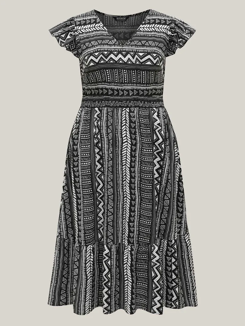 Boho Stripes Shirred Waist Midi Dress