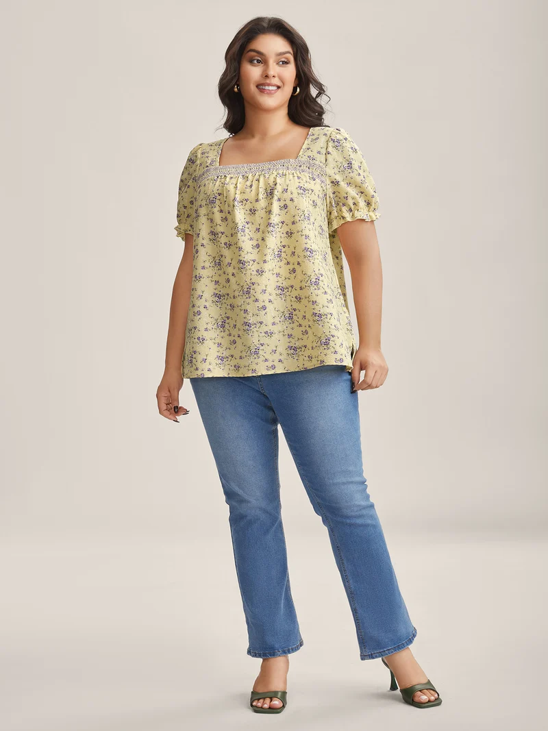 Floral Print Shirred Neck Color Contrast Blouse