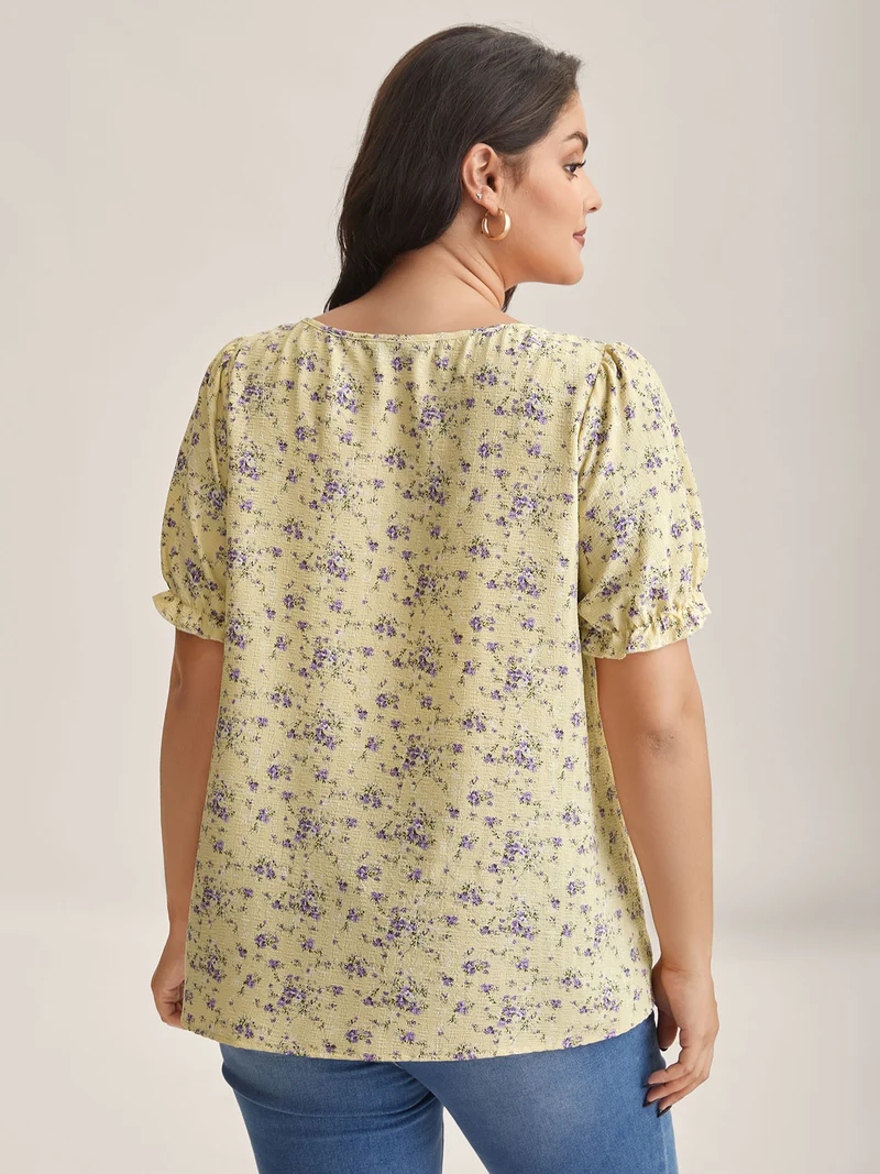 Floral Print Shirred Neck Color Contrast Blouse