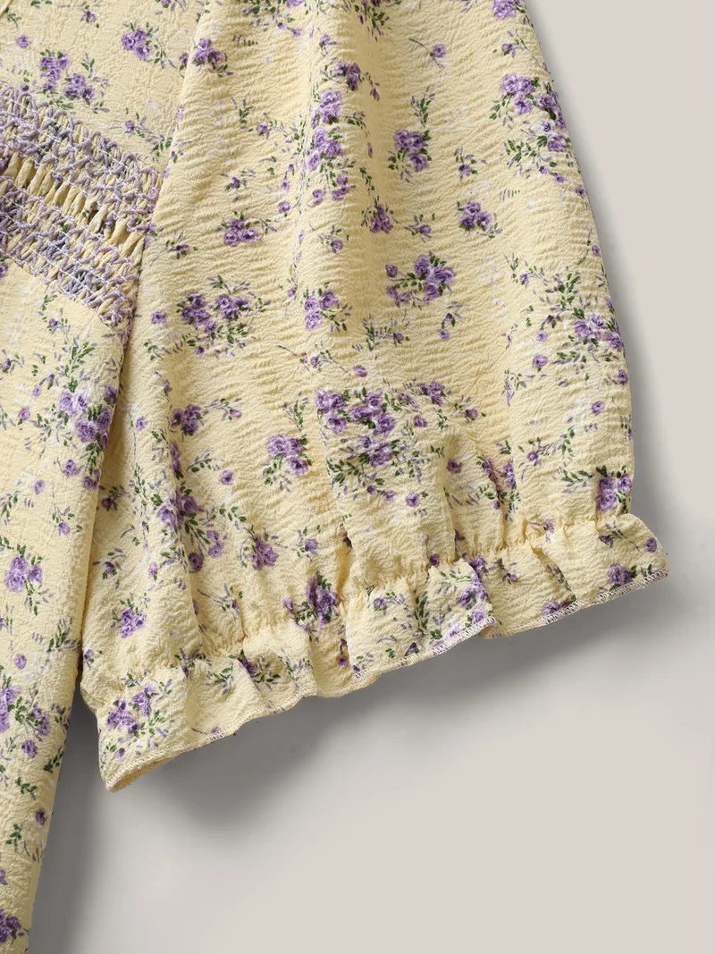 Floral Print Shirred Neck Color Contrast Blouse