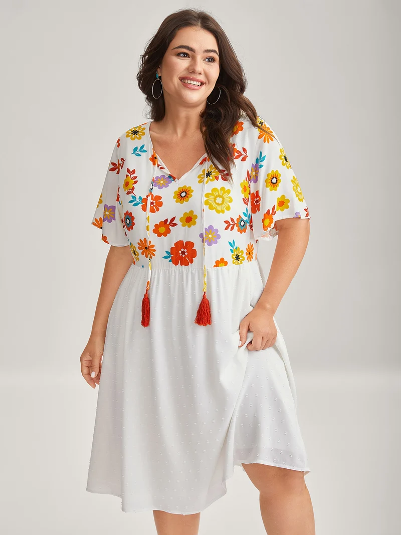 Colorful Florals Spliced Pockets Midi Dress