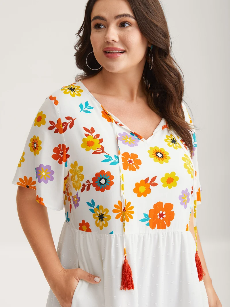 Colorful Florals Spliced Pockets Midi Dress