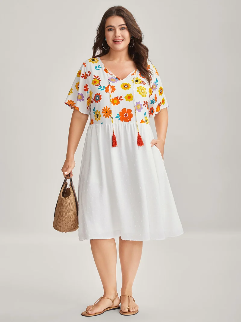 Colorful Florals Spliced Pockets Midi Dress
