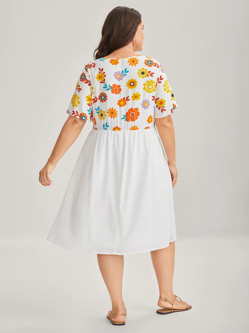 Colorful Florals Spliced Pockets Midi Dress