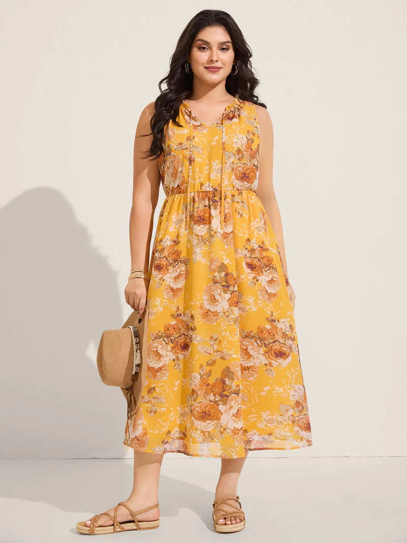 Sunny Floral Petal Trim Neck Midi Dress