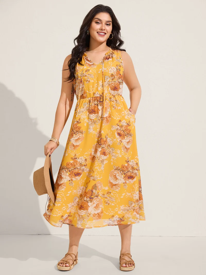 Sunny Floral Petal Trim Neck Midi Dress