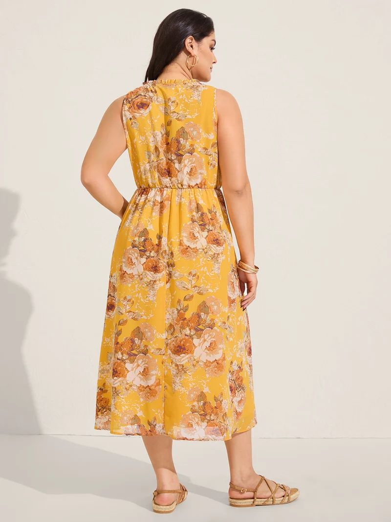 Sunny Floral Petal Trim Neck Midi Dress