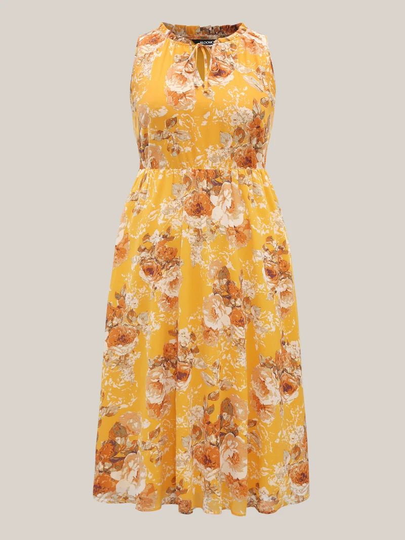 Sunny Floral Petal Trim Neck Midi Dress