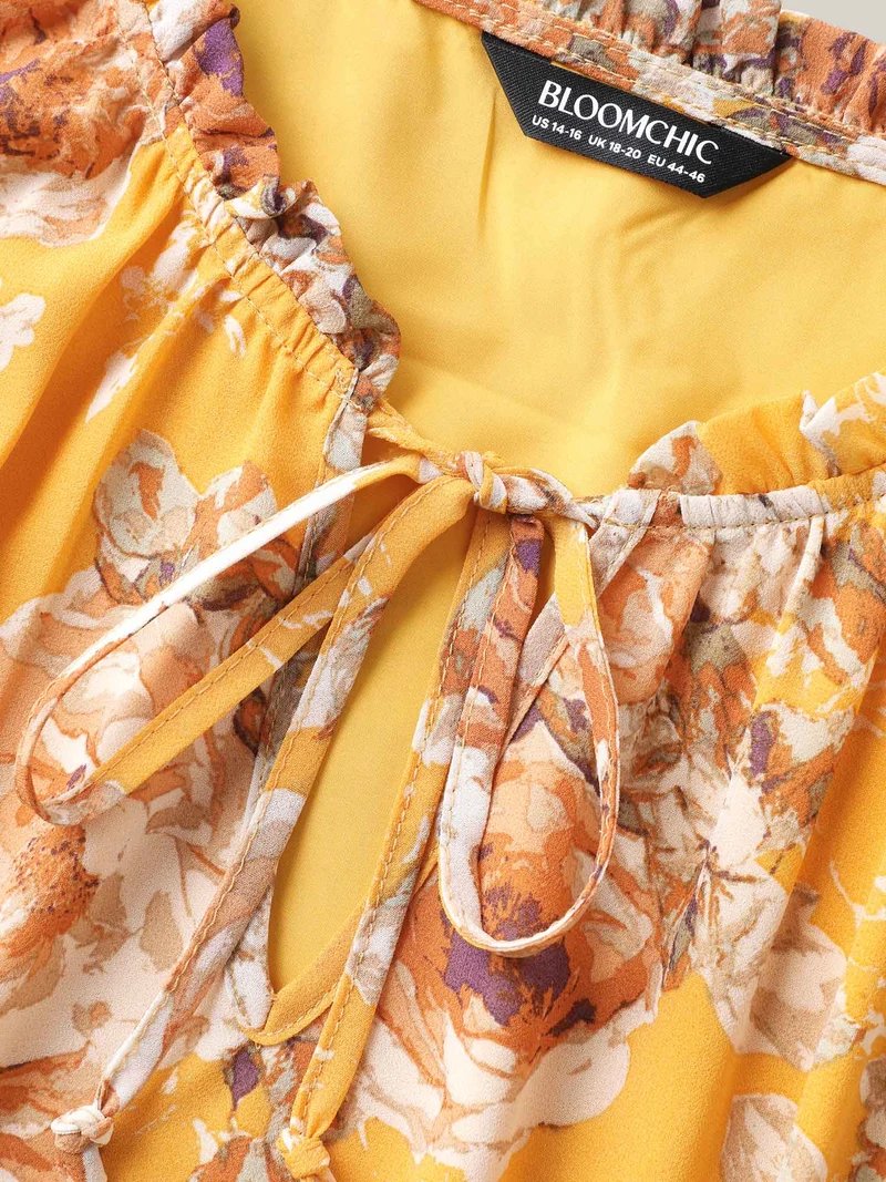 Sunny Floral Petal Trim Neck Midi Dress