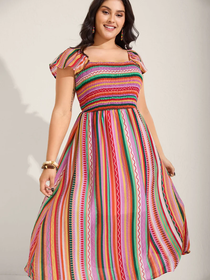 Colorful Stripe Flutter Sleeve Pockets Midi Dress