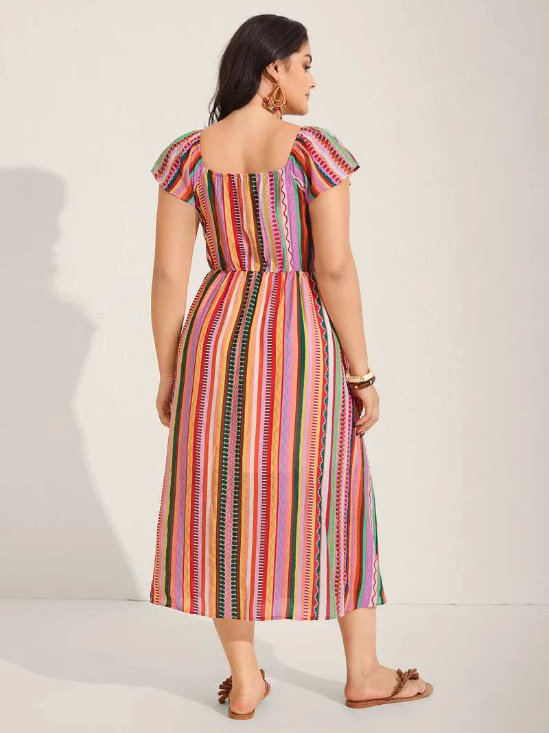 Colorful Stripe Flutter Sleeve Pockets Midi Dress