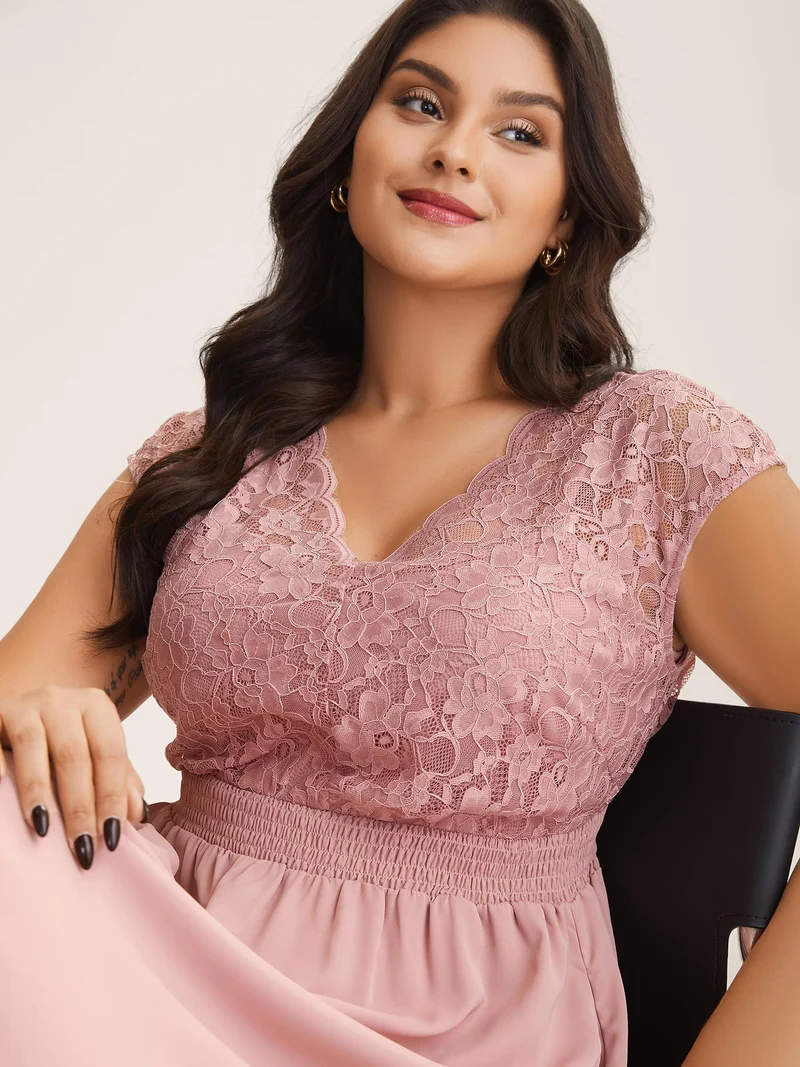 Lace Sheer Stretchy Waist Solid Midi Dress