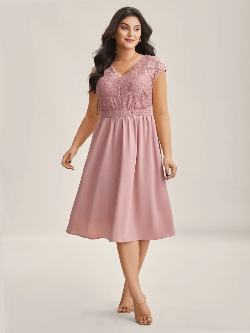 Lace Sheer Stretchy Waist Solid Midi Dress