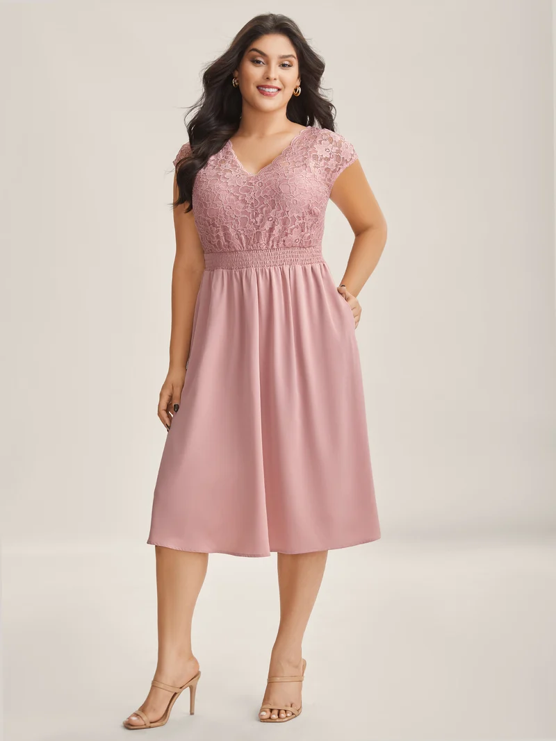 Lace Sheer Stretchy Waist Solid Midi Dress