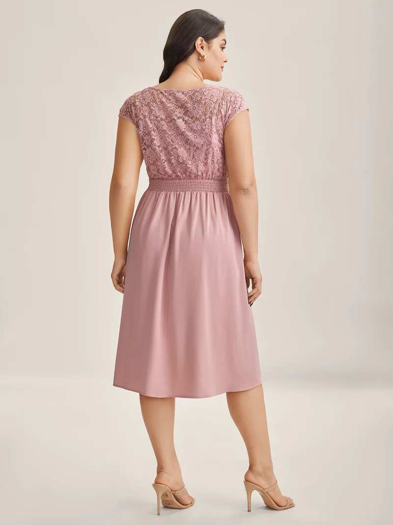 Lace Sheer Stretchy Waist Solid Midi Dress