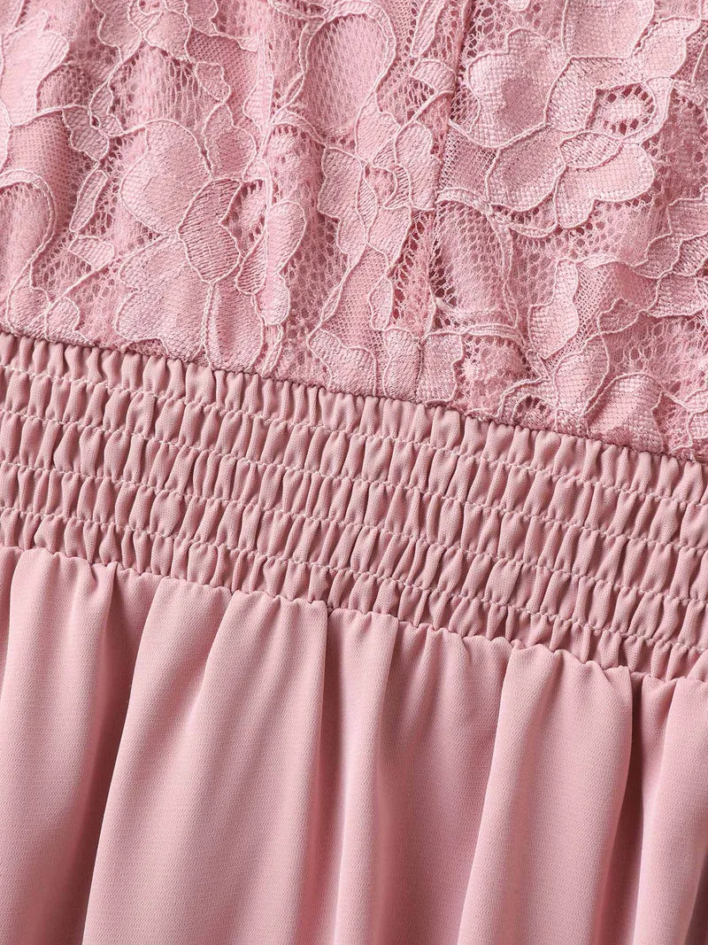 Lace Sheer Stretchy Waist Solid Midi Dress