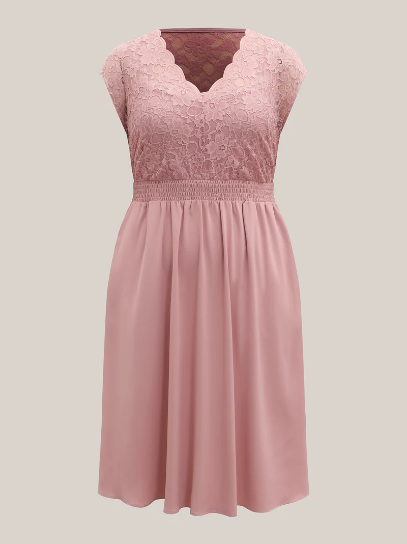 Lace Sheer Stretchy Waist Solid Midi Dress