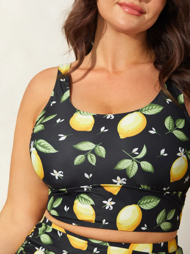 Lemon Print Scoop Neck Swim Top
