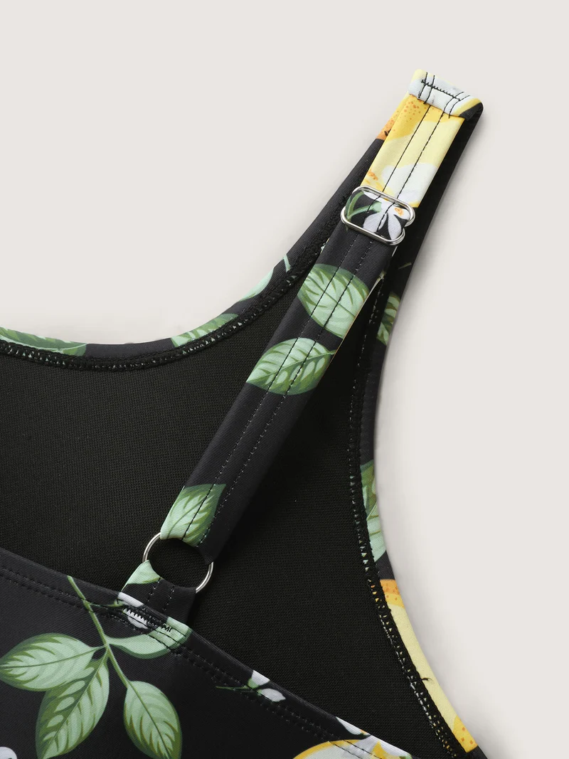 Lemon Print Scoop Neck Swim Top