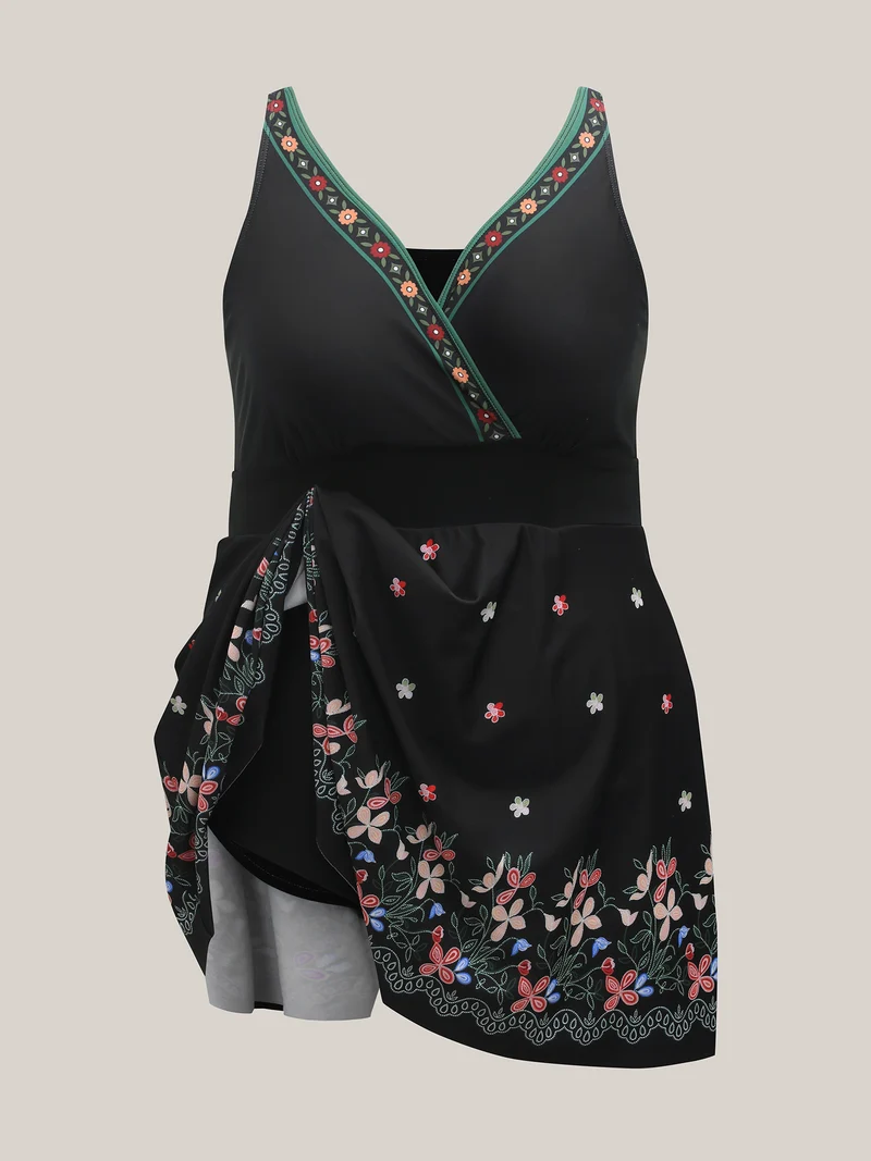 Floral Print Surplice Neck Swim Dress