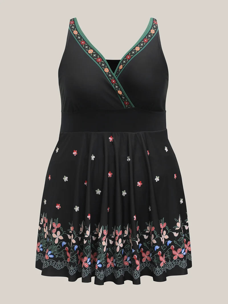 Floral Print Surplice Neck Swim Dress