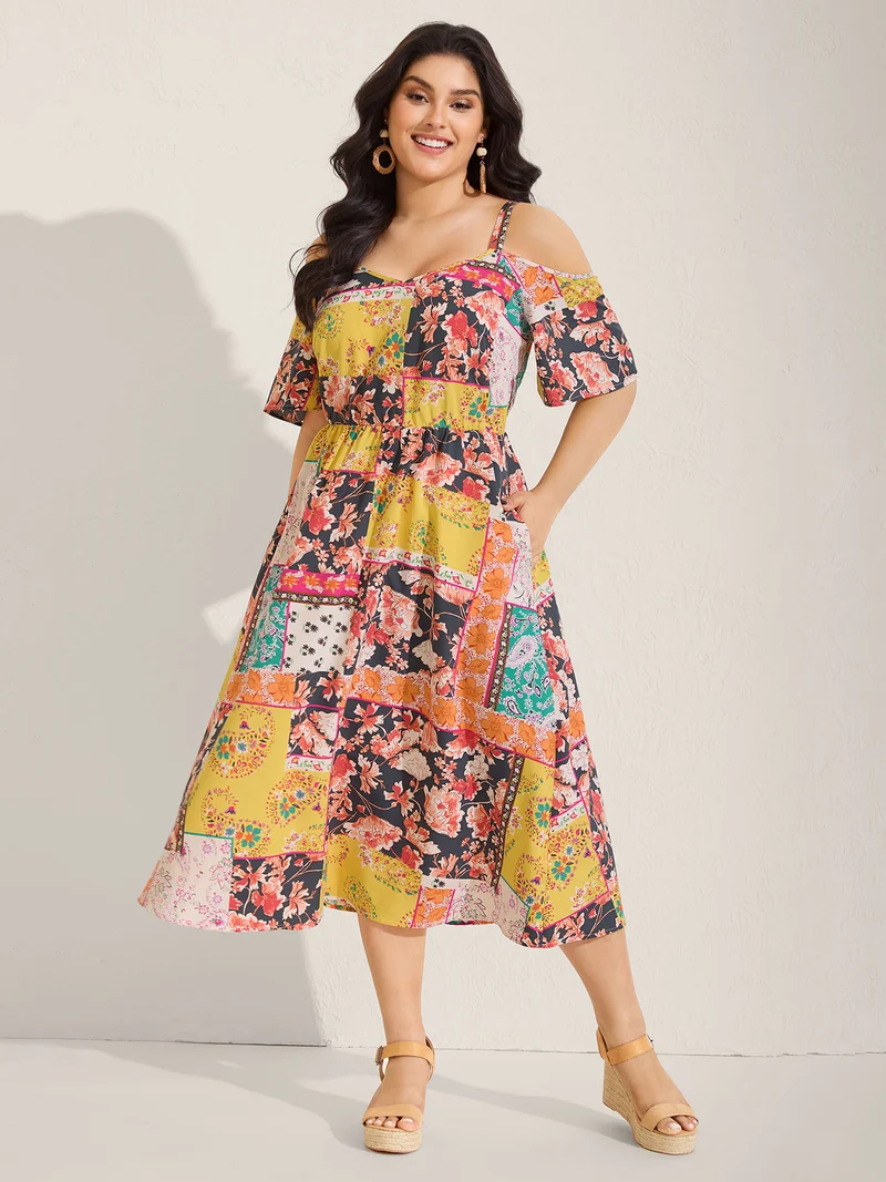 Boho Floral Print Cold-Shoulder Midi Dress