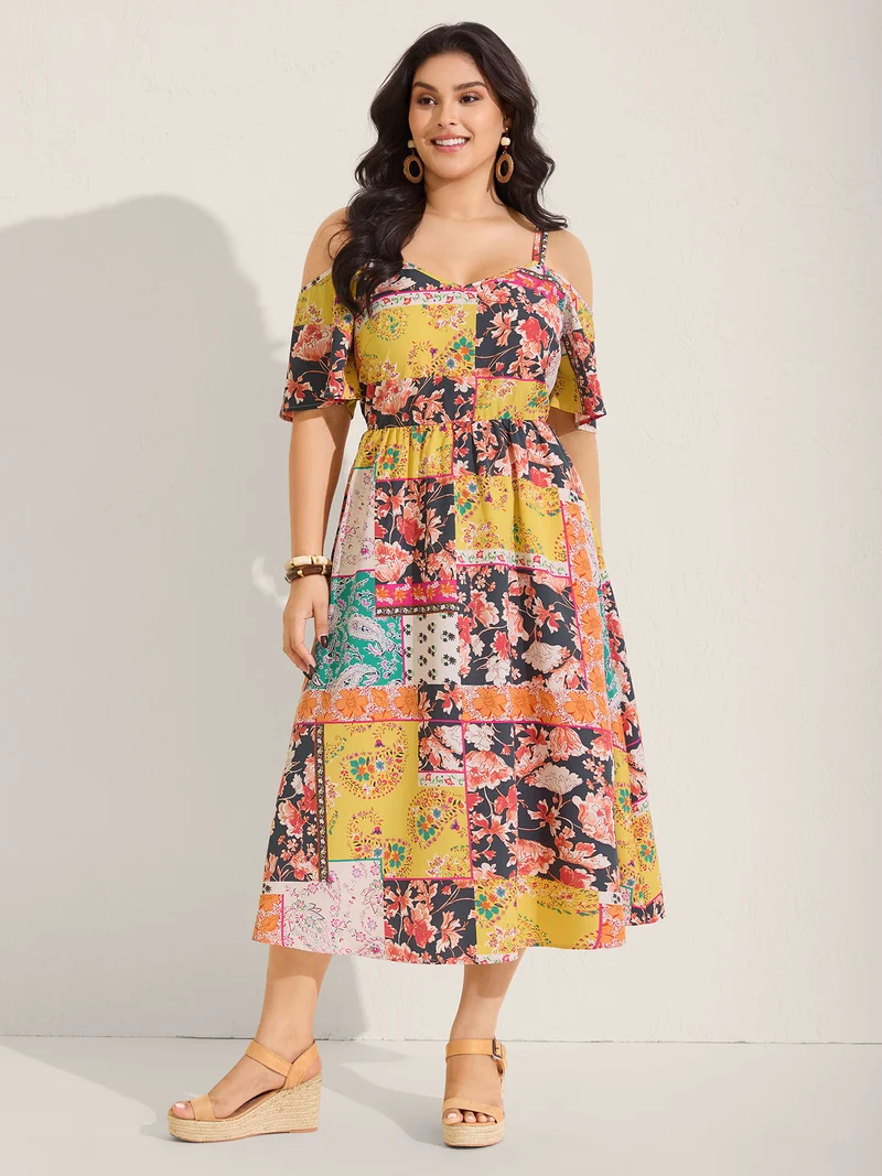 Boho Floral Print Cold-Shoulder Midi Dress