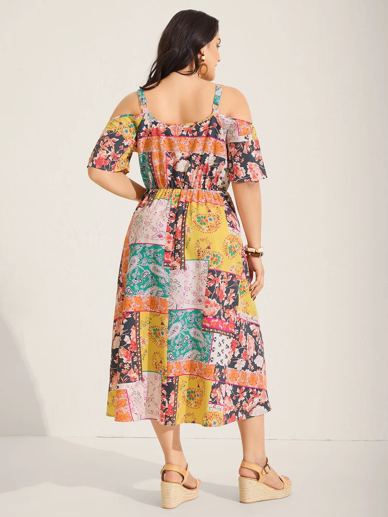 Boho Floral Print Cold-Shoulder Midi Dress