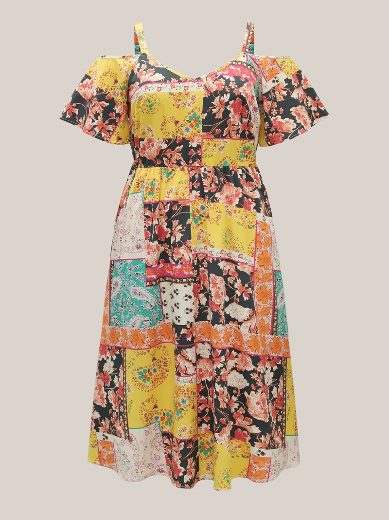 Boho Floral Print Cold-Shoulder Midi Dress