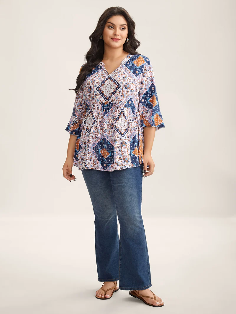 Boho Collage Print Notched Babydoll Top