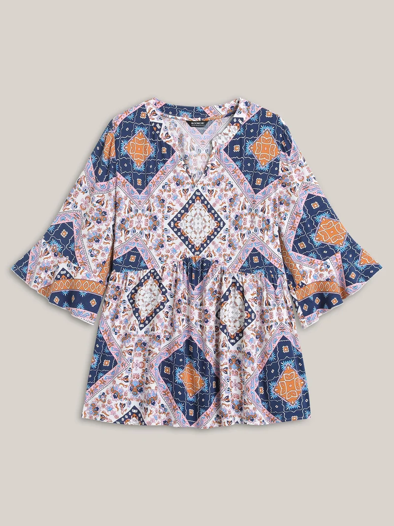 Boho Collage Print Notched Babydoll Top