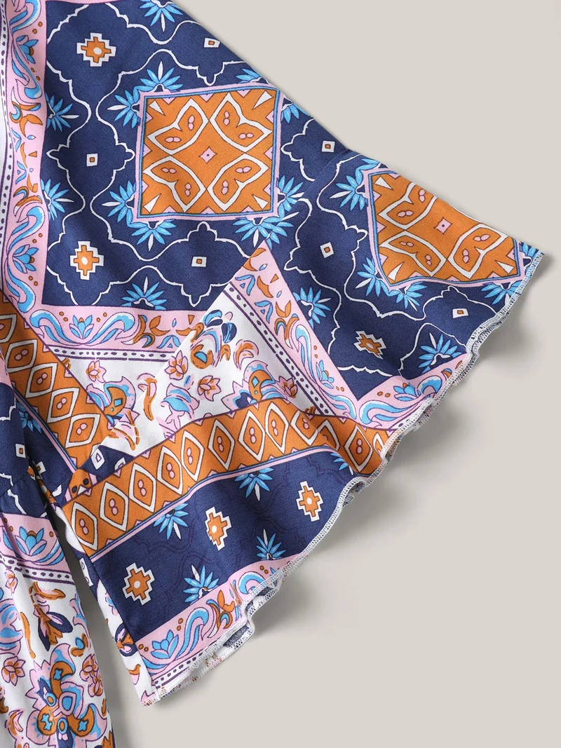 Boho Collage Print Notched Babydoll Top