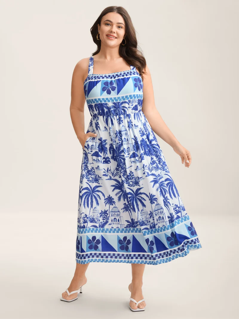 Garden Print Stretchy Waist Pockets Midi Dress