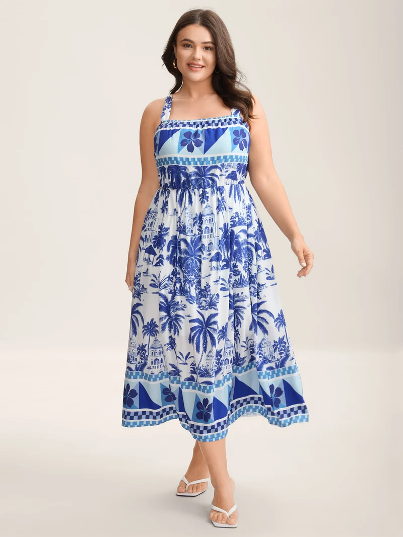 Garden Print Stretchy Waist Pockets Midi Dress