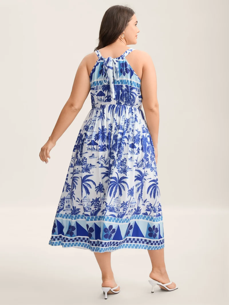 Garden Print Stretchy Waist Pockets Midi Dress