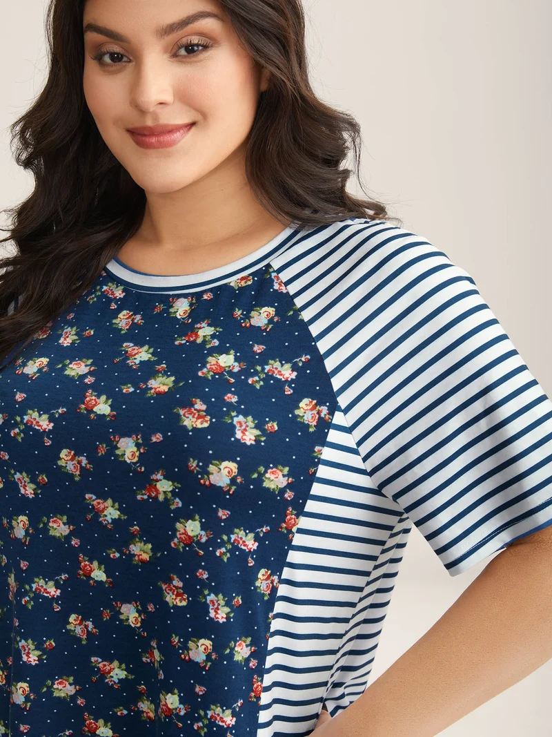 Floral Stripes Raglan Sleeve T-Shirt