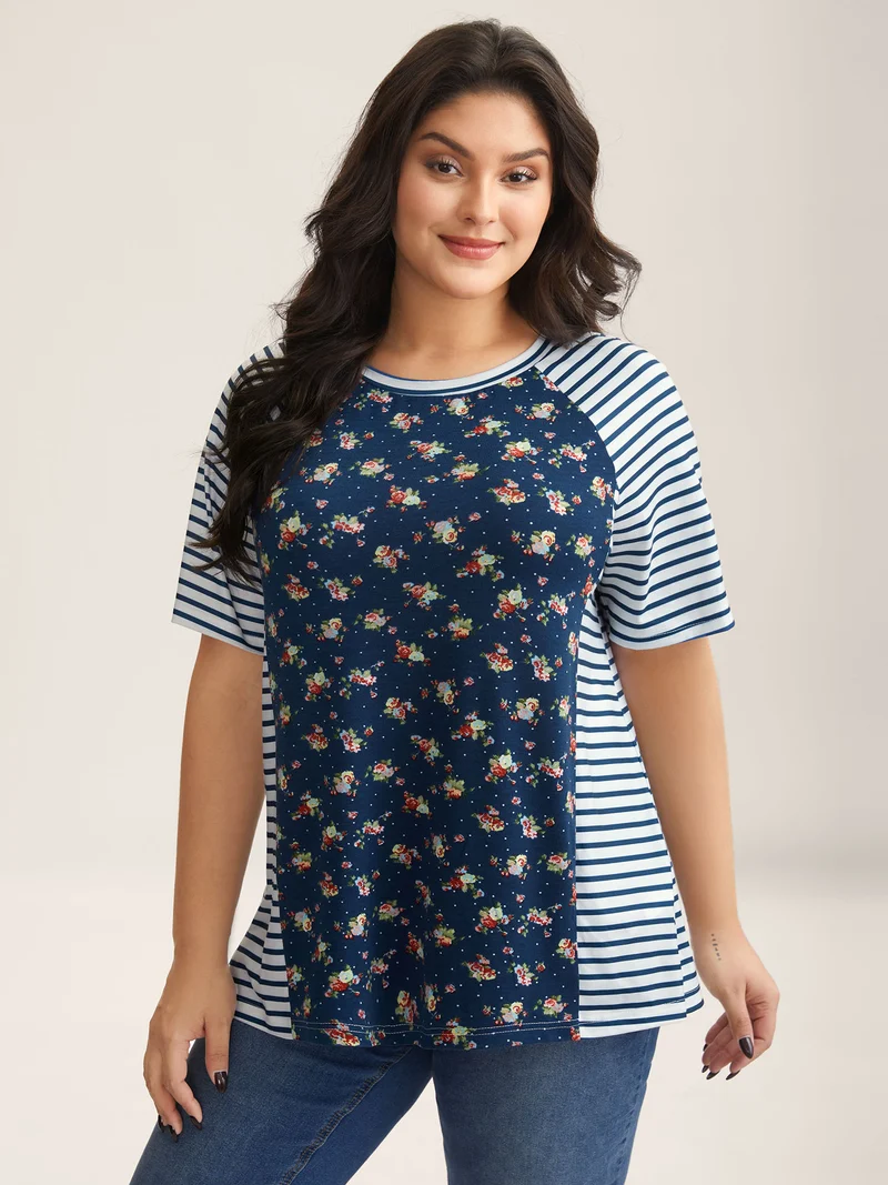 Floral Stripes Raglan Sleeve T-Shirt