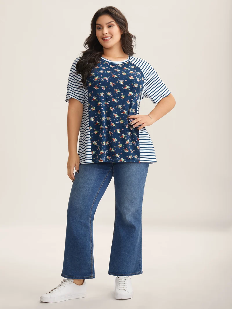 Floral Stripes Raglan Sleeve T-Shirt