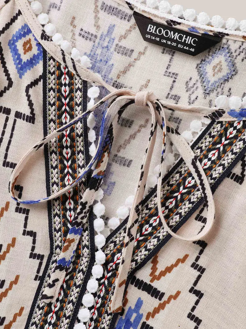Boho Print Lace Detail Neck Tie Blouse