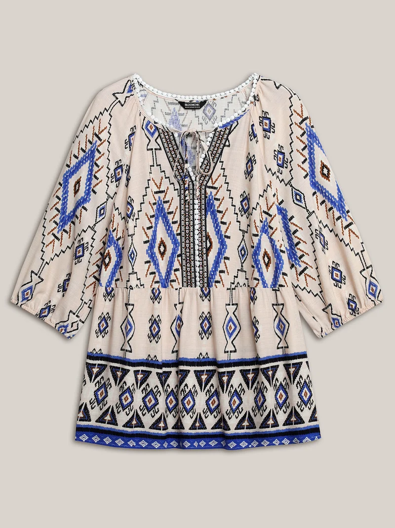 Boho Print Lace Detail Neck Tie Blouse