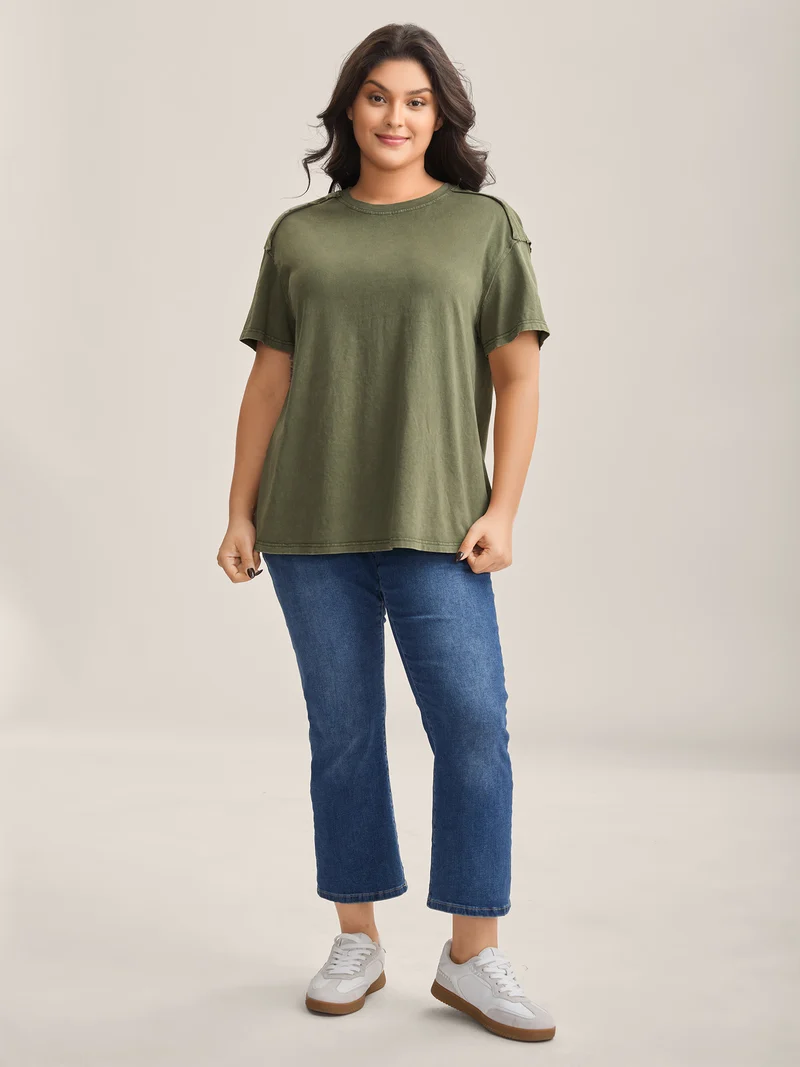 Cotton Vintage Frayed Hem Crew Neck T-Shirt