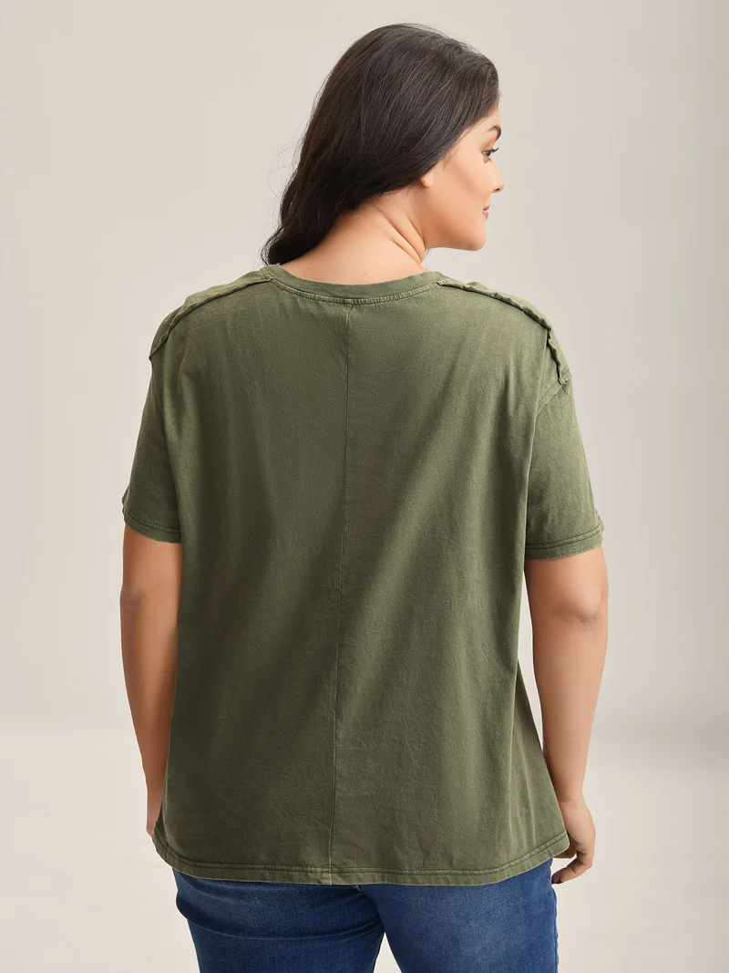 Cotton Vintage Frayed Hem Crew Neck T-Shirt